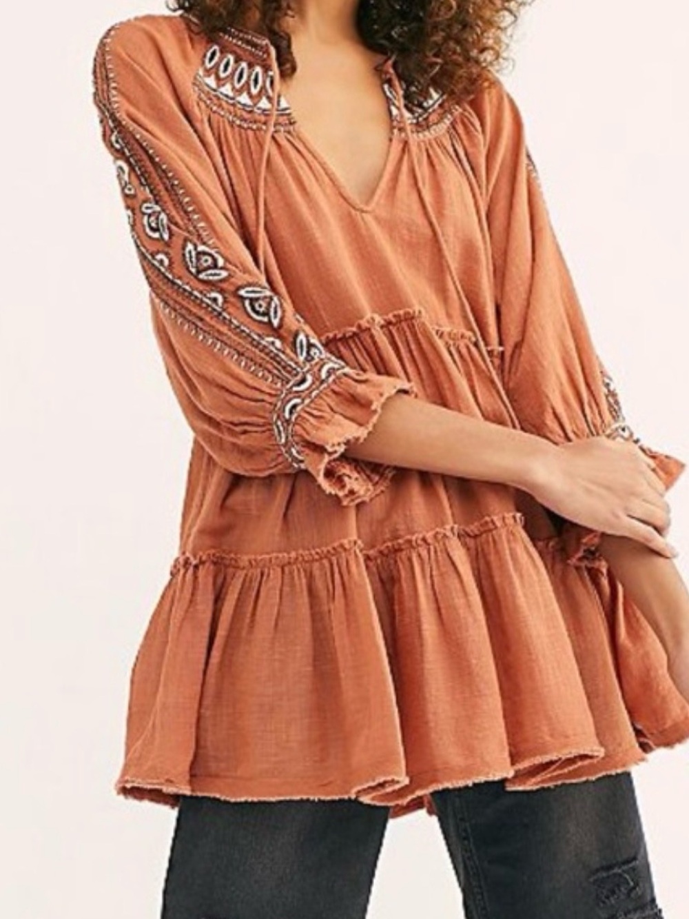 Free People Embroidered Rust Peasant Tunic Top